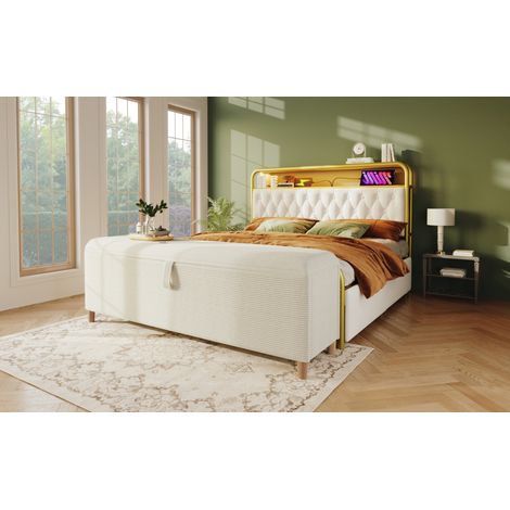Banc coffre 175 x 38 x 46 cm beige, rangement hydraulique, tissu corduroy et bois MEUBLIV (1/5)