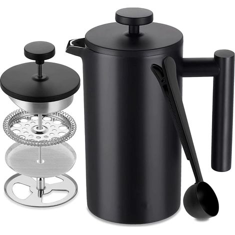 Cafetera de émbolo de acero inoxidable, 1 litro, doble pared aislada, pared interior con sistema de sellado (Cautèle), incluye 5 filtros de café y cuchara medidora, capacidad para 7-8 tazas, acabado n (1/5)