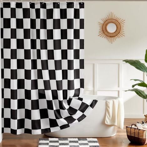 Rideau de douche lavable en machine à carreaux pour salle de bain, joli rideau de douche rétro en damier, 180 x 180 cm (1/5)