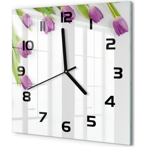 Horloge Murale Carrée Originale en Verre Silencieuse Design Moderne Salon Tulipes violettes 30x30 cm (1/5)