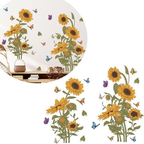 Adesivi per finestre con girasoli e farfalle, adesivi murali colorati con farfalle e fiori, decorazione murale, adesivi murali con fiori selvatici, decorazione murale (1/5)