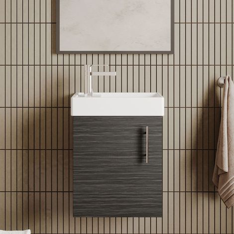 Nuie Vault Wall Hung 1-Door Vanity Unit with Basin 400mm Wide - Charcoal Black Woodgrain (1/5)
