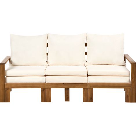 Banco de jardín rústico de madera de acacia 190 cm sofá convertible multifuncional para exterior con cojines beige claro y marrón Isolello