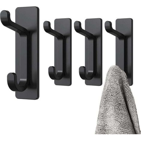 Crochet Adhesif Mural, Porte Serviette Salle de Bain, Accroche Torchon Cuisine, Porte Manteau Adhésif, Attache Murale Sans Percer, Etanche, Antirouille, Noir, 4 Pièces (1/4)