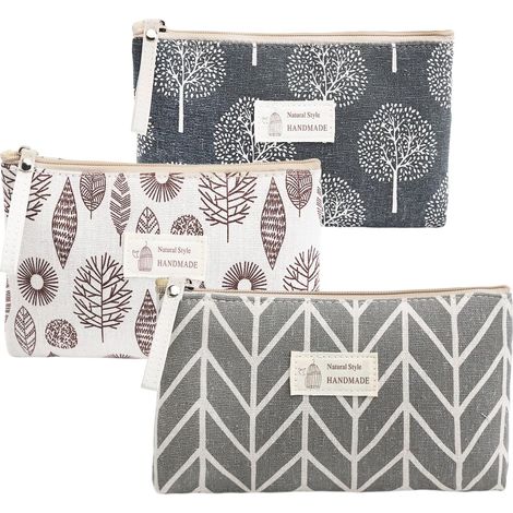 Set di 3 pochette per il trucco, trousse con cerniera, piccola pochette multifunzionale in tessuto, borsa da viaggio portatile per articoli da toilette, contenitore per donna (Alberi/Frecce/Foglie) (1/5)