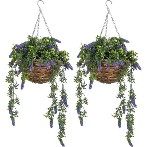 Set of 2 Decorative Artificial Plants, Faux Silk Lavender Flowers in Hanging Baskets, Fake Plants  Home Indoor Outdoor Decor, Purple (1/5)