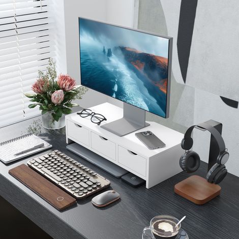 Support pour écran d'ordinateur portable avec 3 tiroirs, 51 x 24 x 13 cm, blanc (1/5)