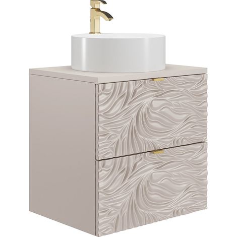 Meuble de salle de bain suspendu texturé avec vasque à poser ronde - Beige - 60 cm - RINAREL (1/4)