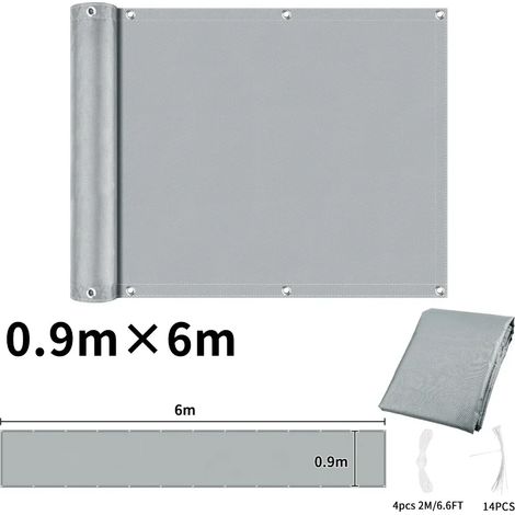 (Gris clair 90 x 600 cm) Toile pare-soleil imperméable perforée, pour balcon, terrasse ou jardin (brise-vue). (1/5)
