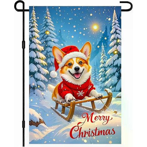 Drapeau de jardin Joyeux Noël 30 x 45 cm, double face, motif traîneau à chiens corgis dans la neige, pour l'extérieur, à placer devant la porte d'entrée ou sur la pelouse. (1/5)