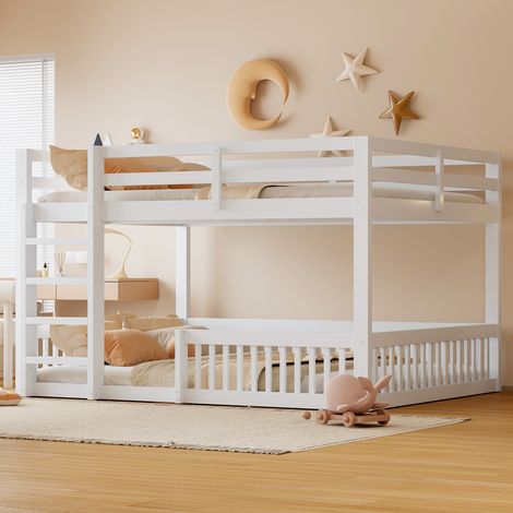 Lit superposé 160x200 – 2 couchages avec barrières sécurité – pin massif et mdf – blanc (1/5)