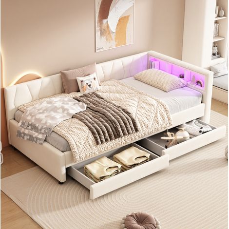 Lit 90x200 cm beige – avec LED, USB-C, rangements et tiroirs, sans matelas (1/5)