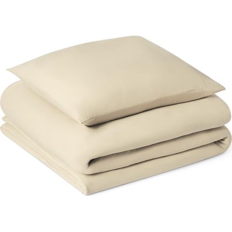 Parure de Lit 1 Personne 2 Pièces en Microfibre Prélavée, Extra Douce avec Effet Froissé Naturel, sans Repassage, Housse de Couette 135 x 200 cm et 1 Taie d'oreiller 65 x 65 cm, Beige (1/5)