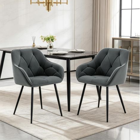 Set de 2 sillas de comedor de terciopelo gris oscuro con reposabrazos ergonómicos y patas metálicas (1/5)