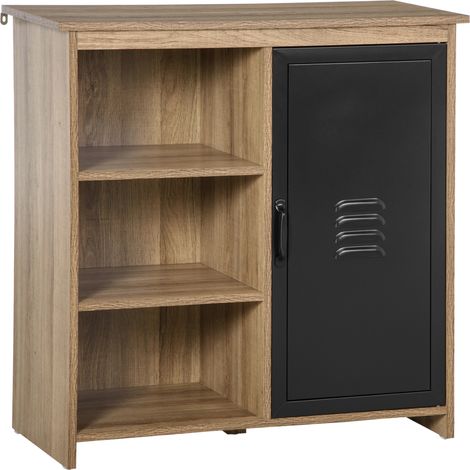 HOMCOM Industriebuffet – 3-stöckiger Holzschrank mit schwarzen Metalltüren