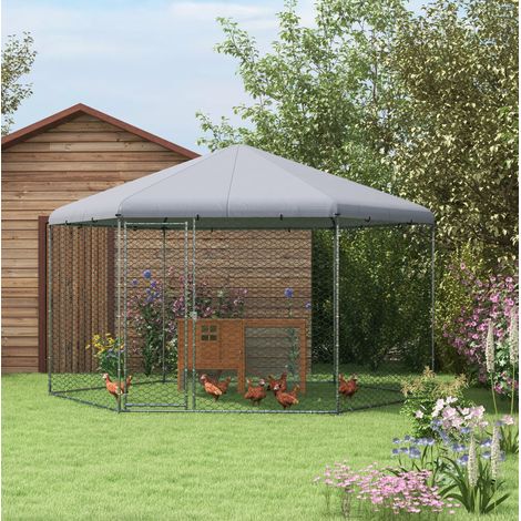 Recinto per galline in acciaio con tetto, porta e dimensioni 400 x 346 x 263 cm, grigio OKWISH (1/5)