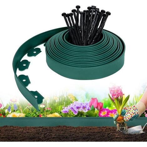Bordure de jardin en plastique de 10 m avec 30 clous d'ancrage, bordure de pelouse flexible, bordure de pelouse avec clous robustes, jardin créatif vert foncé, (1/5)
