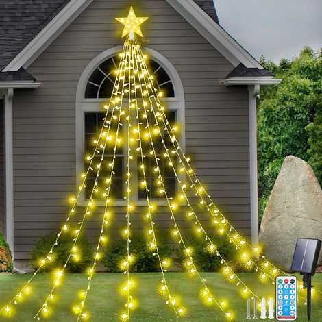 Guirlande Lumineuse Solaire pour Sapin de Noël, 2M x 9 Brins 198LED Guirlande Lumineuse avec Étoile & 8 Modes, Télécommande, Étanche Lumineux Sapin de Noel Pour Jardin, Fête de Mariage (1/5)