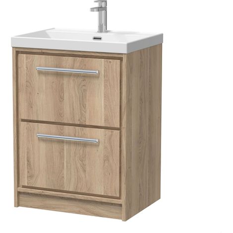 Longnor 2 Drawer Floor Standing Vanity Unit with 1 Tap Hole Thin Edge Basin, Light Oak, 600mm