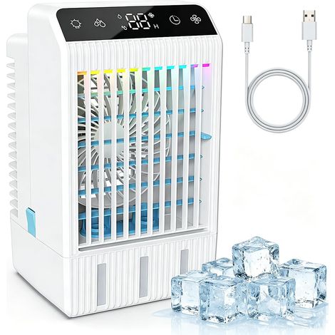 Aires acondicionados portátiles: Mini ventilador de aire acondicionado evaporativo con depósito de agua de 1000 ml, alimentado por USB, aire acondicionado personal. (1/5)