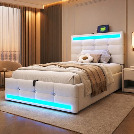 Letto imbottito 90 x 200 cm con contenitore idraulico, LED RGB e USB, beige HAVRYA (1/5)
