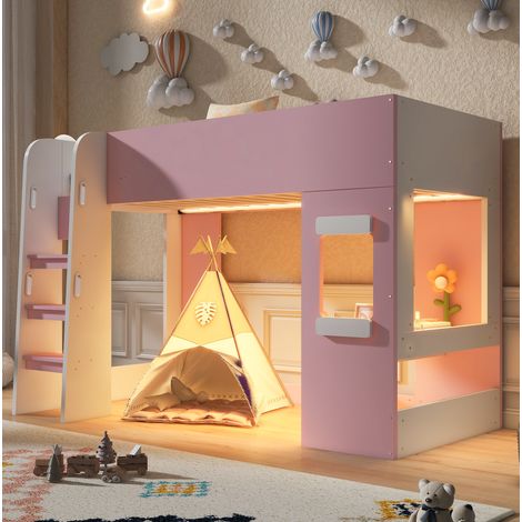 Letto a soppalco 203.8x93.6x139 cm, con luce LED, scrivania, scala con corrimano, MDF rosa (1/5)
