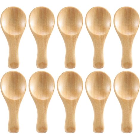 Lot de 10 petites cuillères en bois à manche court, idéales pour les petits pots de confiture, d'épices, de condiments, etc. (1/5)