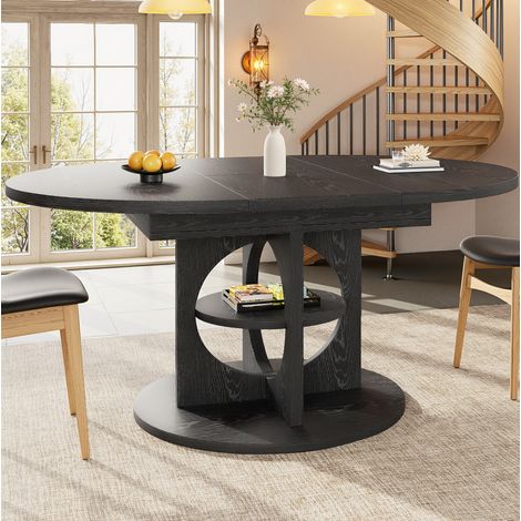Mesa de comedor extensible (110x110x76 cm), con espacio de almacenamiento, forma redonda a ovalada, MDF negro (1/5)