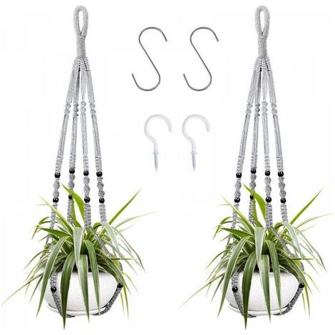 Suspension pour plantes d'intérieur en corde de coton grise, 98 cm, avec perles en bois, pour décoration intérieure, sans crochets, 2 paires (1/5)
