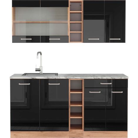 Cocina versátil R-Line, Roble negro/dorado de alto brillo, 160 cm , ET Mármol, Vicco
