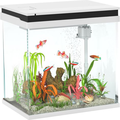 Acquario per Pesci Rossi 26L con Luci LED 38x26x38 cm Sistema di Filtraggio e Pompa d'Acqua Bianco (1/5)