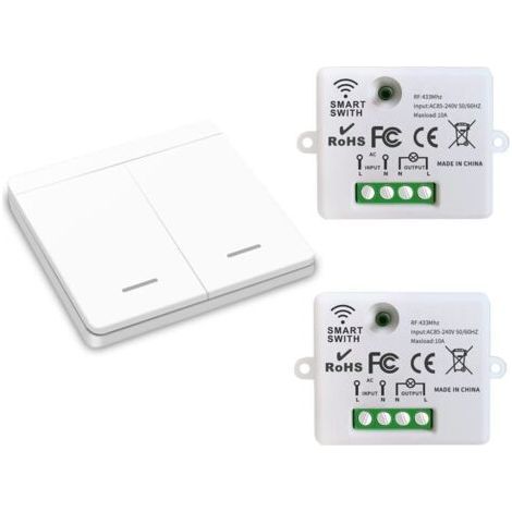 Drahtloser Lichtschalter, RF-Sender-Sicherheitsschalter und 10A-Empfängersteuerung, einfache Installation für Lampen bis 1500W (2 Empfänger und 1 Schalter) (1/4)