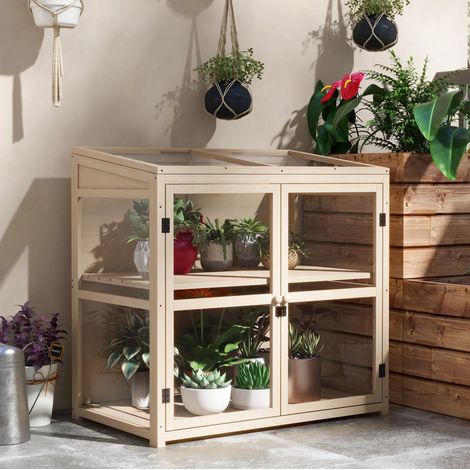 Serre froide en bois 103x61x103 cm naturel, double porte et toit ouvrant pour semis – MEUBLIV (1/5)