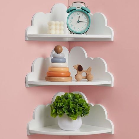 Ensemble de 3 étagères d'angle murales blanches, présentoir mural mignon en forme de nuage, adapté aux jouets, au rangement et à la décoration murale. (1/5)