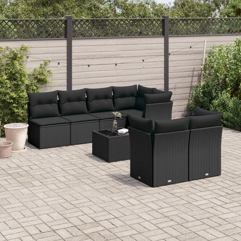 Salon de jardin 8 pcs avec coussins noir résine tressée (1/3)