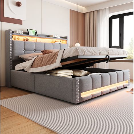 Letto 160x200 cm grigio chiaro in tessuto effetto lino - testiera con ripiani (1/5)