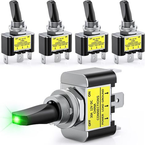 LED-Kippschalter, Ein-Aus, 12 V, 30 A, grüner LED-beleuchteter Metallschalter, strapazierfähig, SPST, 3-poliger Kippschalter, 12 mm, Befestigungsloch für Autos, LKWs, Boote, Rennwagen, 5 Stück (1/5)