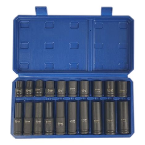 Juego de vasos de impacto cortos y largos 1/2" 20 piezas Silver, tamaños de 10-19 mm, herramientas de alta resistencia, para trabajos pesados y de impacto.