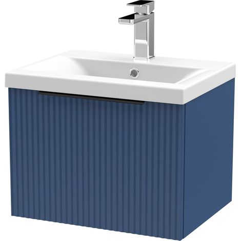 Fluted Front Wall Hung Single Drawer Bathroom Vanity Unit with 1 Tap Hole Ceramic Basin, 500mm, Satin Blue, Black Handles (1/5)