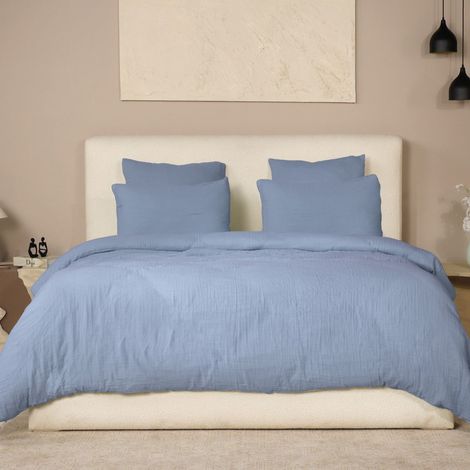 Parure housse de couette 240x220cm + 2 taies 100% gaze de coton lavée bleu givré - VALMA (1/4)