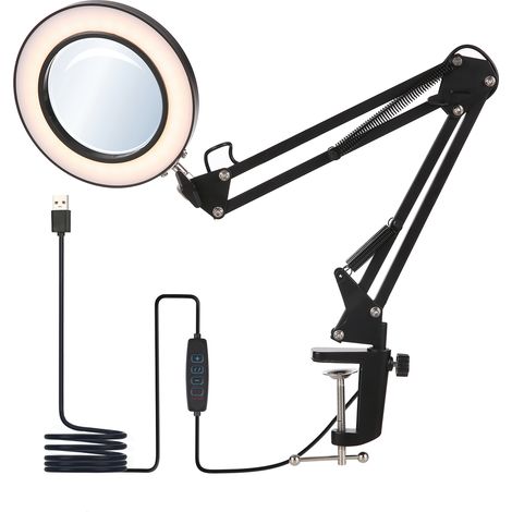 Ede Lampe de bureau LED à intensité variable avec 3 modes de couleur et 10 niveaux de luminosité, Lampe de Table flexible à pince avec miroir grossissant 8x, Lampe bureau à bras rotatif, Noir, Convien (1/5)