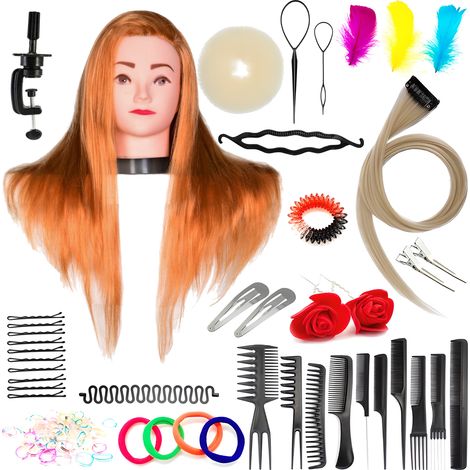 Set de cabeza de entrenamiento Aneta 55 Brass, cabello sintético + 80 accesorios + soporte, equipo de peluquería para peinar, cabeza de entrenamiento (1/5)