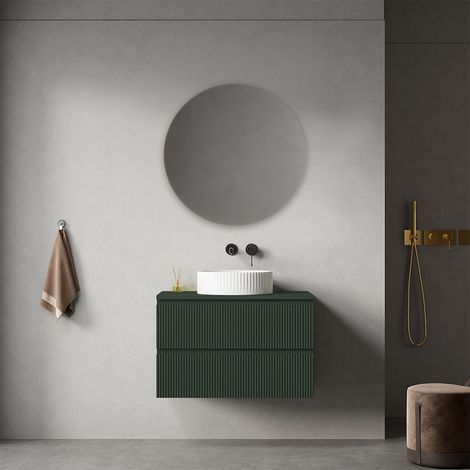 Mobile bagno sospeso cannettato 80 cm Verde Comodoro per Lavabo d'appoggio Specchio Tondo - Fiji Paint Top Canneté (1/4)