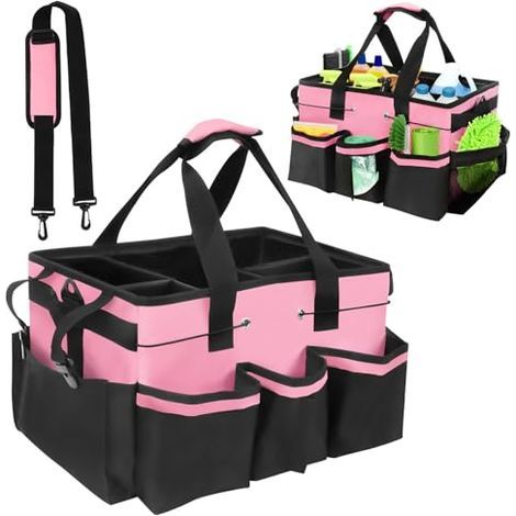Panier de rangement pour produits de nettoyage avec poignée, sac de rangement avec bandoulière réglable pour organiser les produits de nettoyage, pour le ménage et le rangement dans la voiture (rose) (1/5)