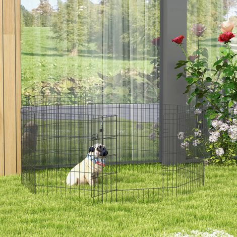 8-teiliges Hunde-Laufgitter 76x61 cm, Sonderform, mit Tür und Doppelverriegelung für Garten und Terrasse, Schwarz
