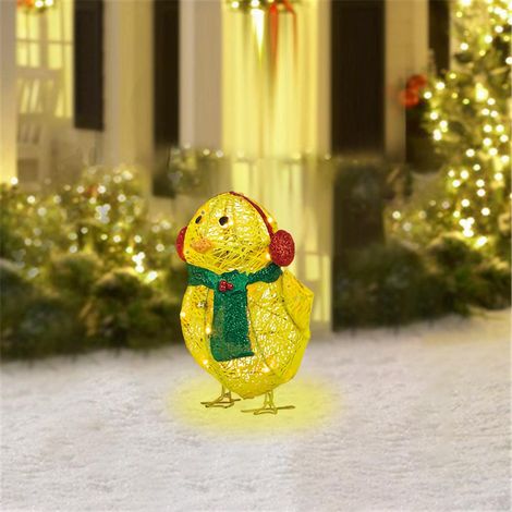Küken mit Schal, Lichterkette, gelbes Küken, flache Gartenskulptur, Kükenornamente für Rasen und Garten, Weihnachtsdekoration (1/5)