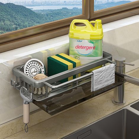 Organisateur d'évier avec bonde - Crochet Organiseur mural sans perçage Autocollant pour salle de bain Accessoire cuisine Éponge / brosse savon à vaisselle (gris) Gris Foncé(égouttoir)'Gris Foncé(égou