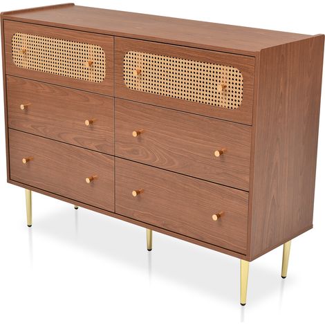 ELVMI Kommode mit 6 Schubladen und 2 Rattanfronten für Schlafzimmer aus Holz und Metall 120 × 40 × 90 cm Nussbaum (1/5)