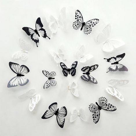 72 Pièces 3D Papillon Decoration, Stickers Papillon, Papillon Decoration Murale, Autocollants Papillon Realiste, Noir et Blanc avec 3 Tailles Différentes pour Décoration Murale, Fenêtre (1/5)