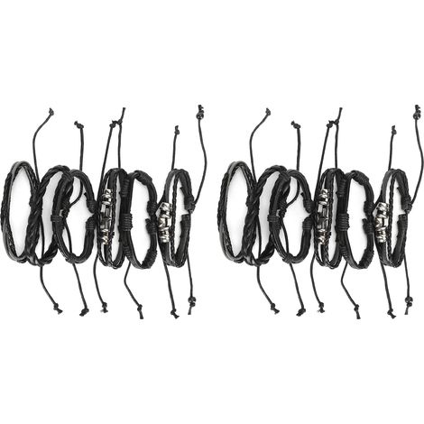 12Pcs Hand‑Woven Bracelets Vintage Hand-Woven Multilayer Split Leather Wrist Band (1/5)